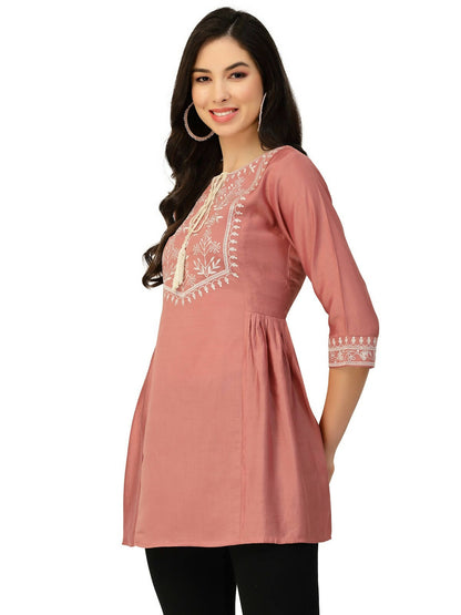 Peach Chinon Slub Floral Embroidered Top - Zeny - Distacart