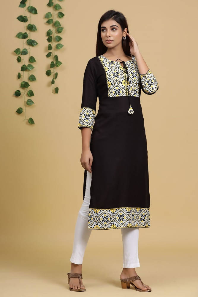 Yufta Women Black & Yellow Geometric Yoke Design Straight Kurta