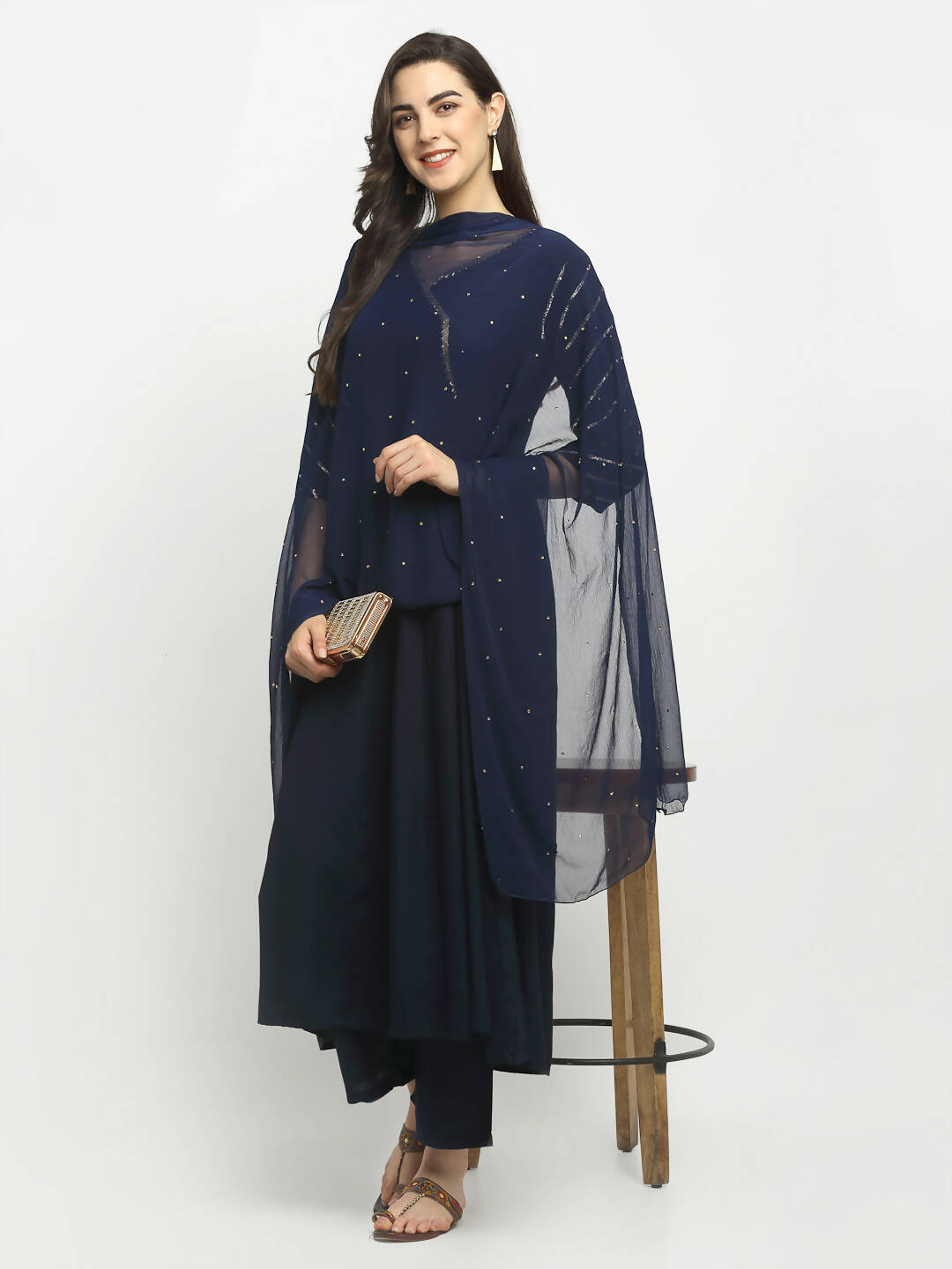 Rudra Bazaar Blue Angrakha Style Flared Kurta with Pyjamas & Dupatta - Distacart