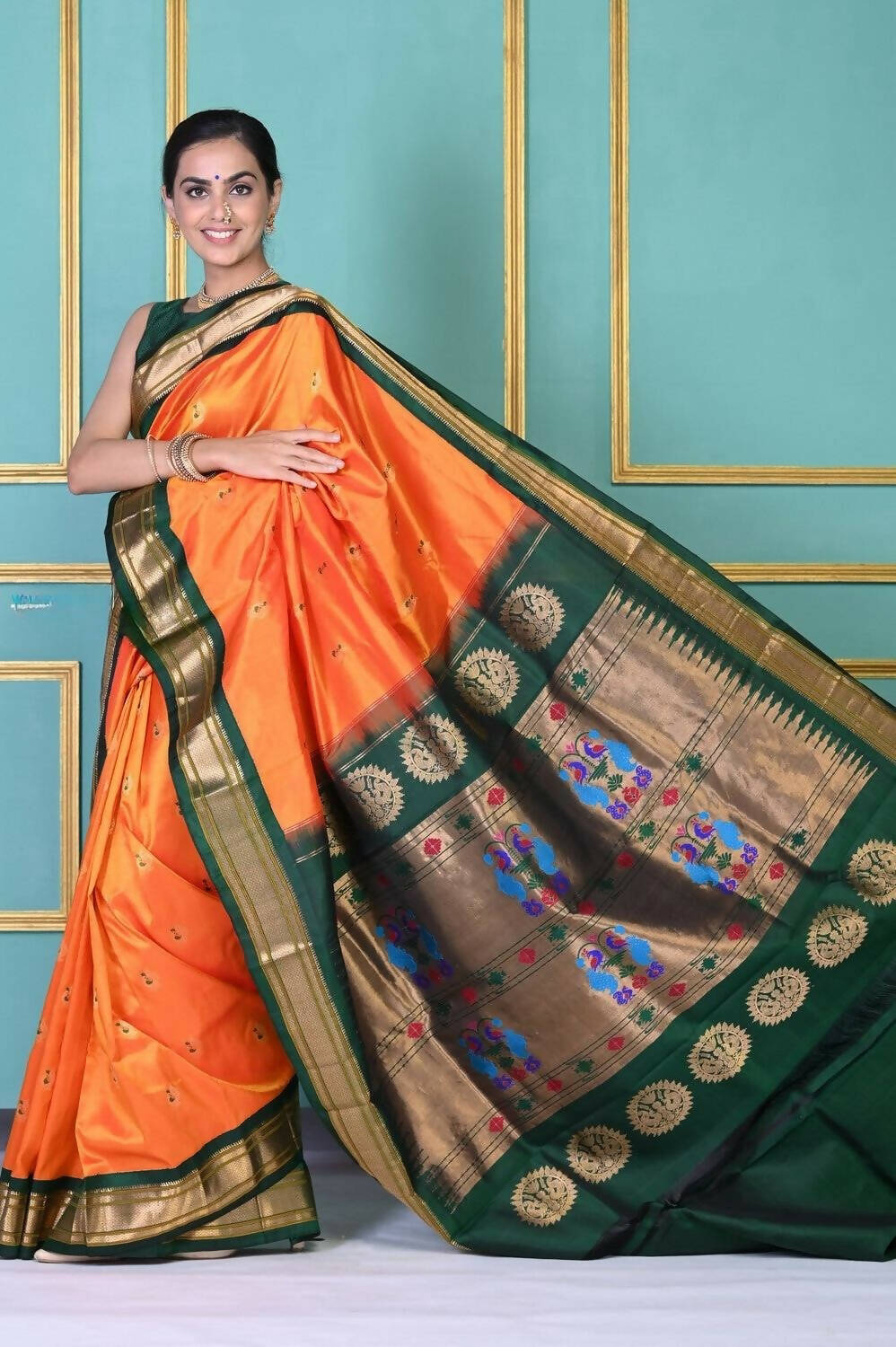Very Much Indian Authentic Pure Silk Handloom Orange Maharani Paithani - Distacart