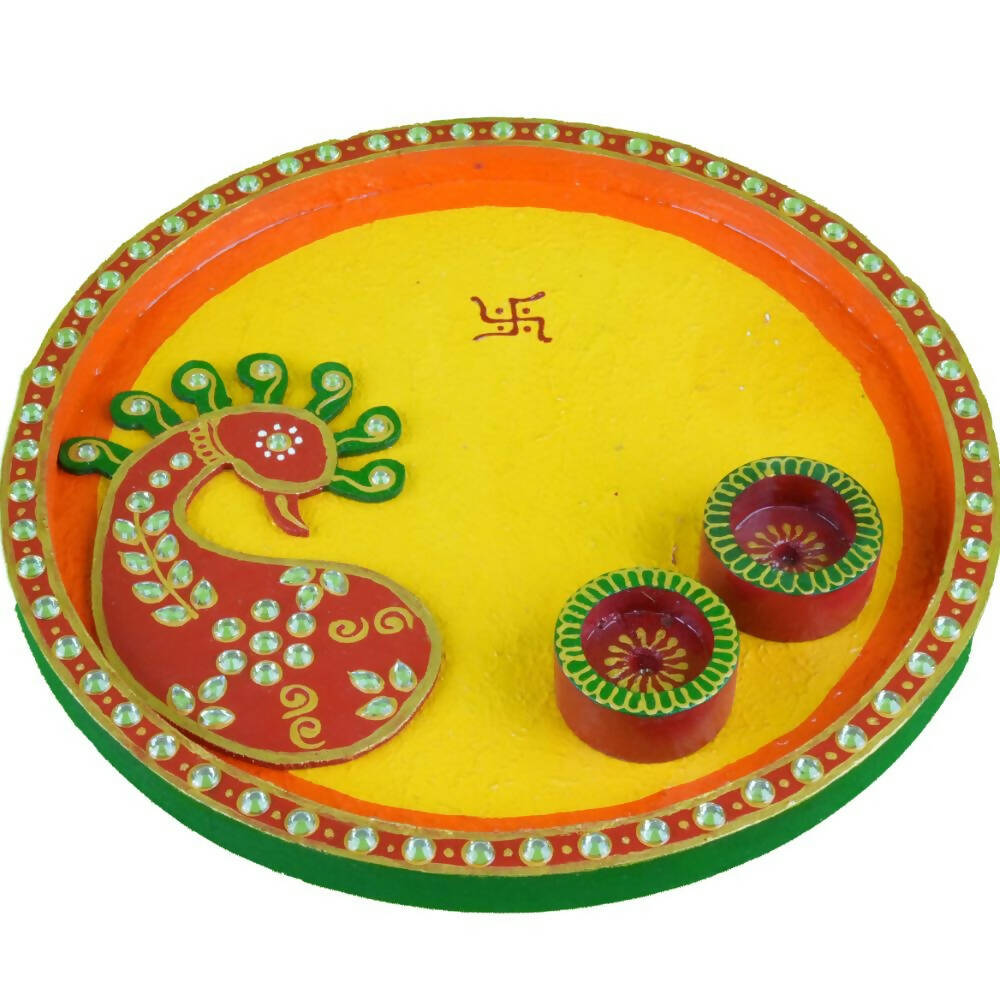 Kundan HandiKrafts Mdf Peacock Pooja Thali (Round) - Distacart