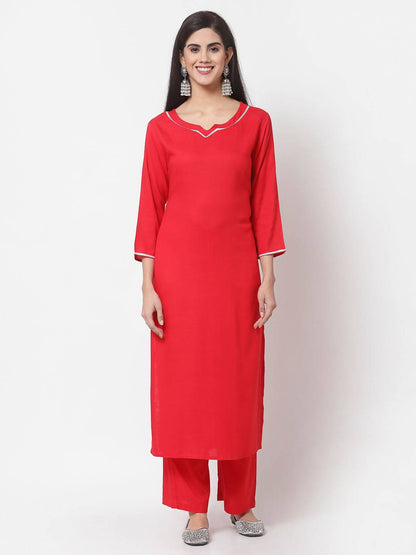 Myshka Red Cotton Solid 3/4 Sleeve Square Neck Casual Kurta Pant Dupatta Set
