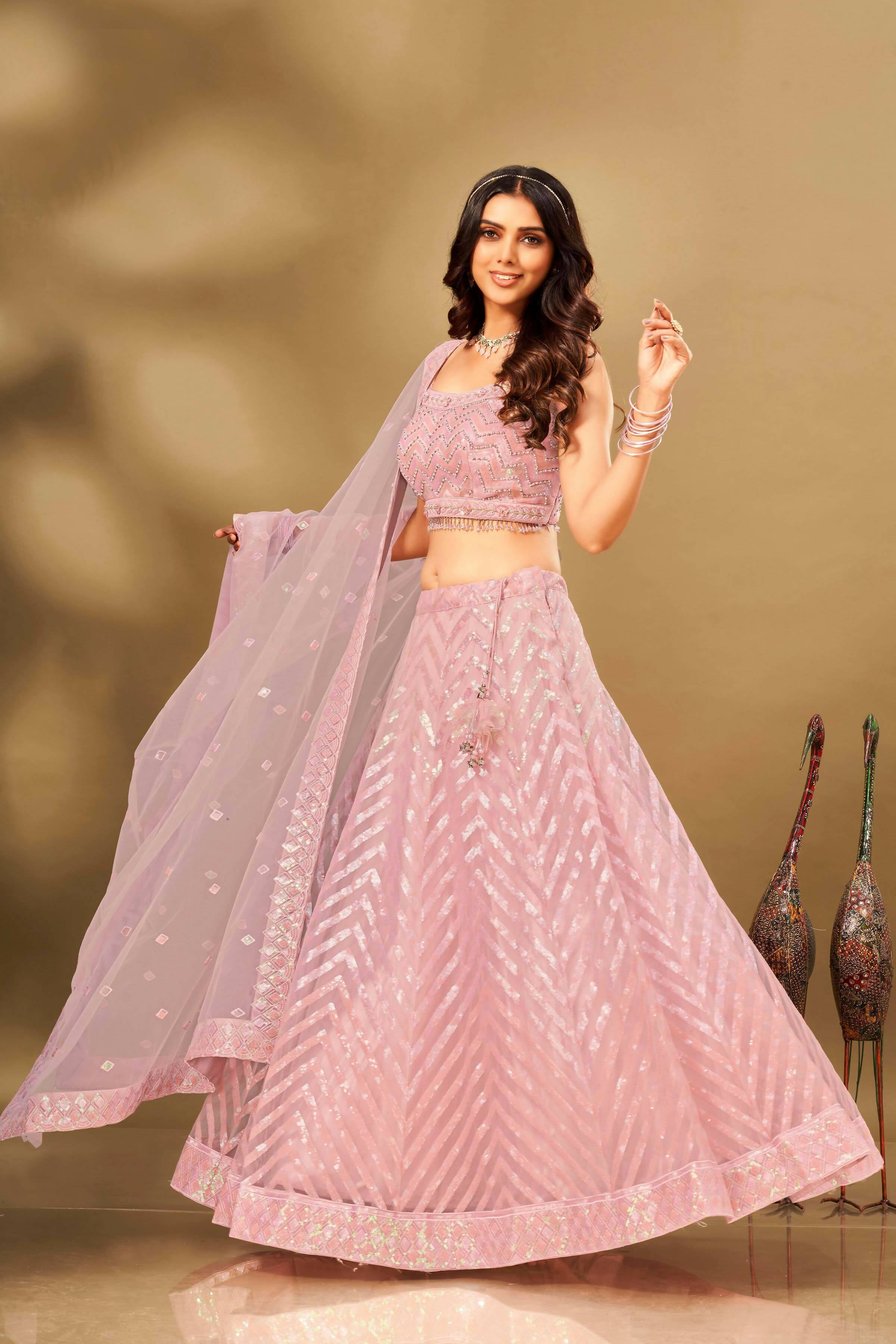 Pink Net Sequence work Lehenga Choli with Dupatta - Dhvani - Distacart