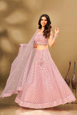Pink Net Sequence work Lehenga Choli with Dupatta - Dhvani - Distacart