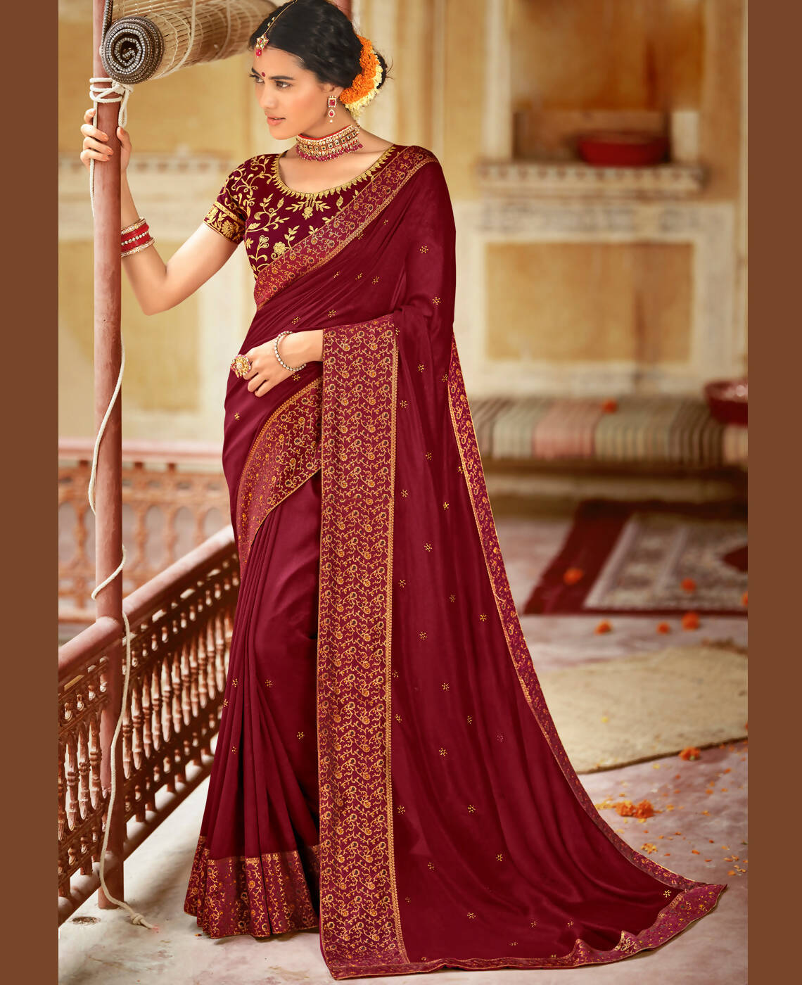Maroon Vichitra Stone Work Saree With Unstitched Blouse Piece - Rosy - Distacart