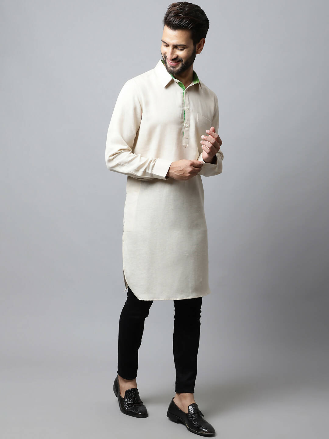 Even Apparels Cream Color Cotton Solid Men's Kurta With Shirt Collar (LN027) - Distacart