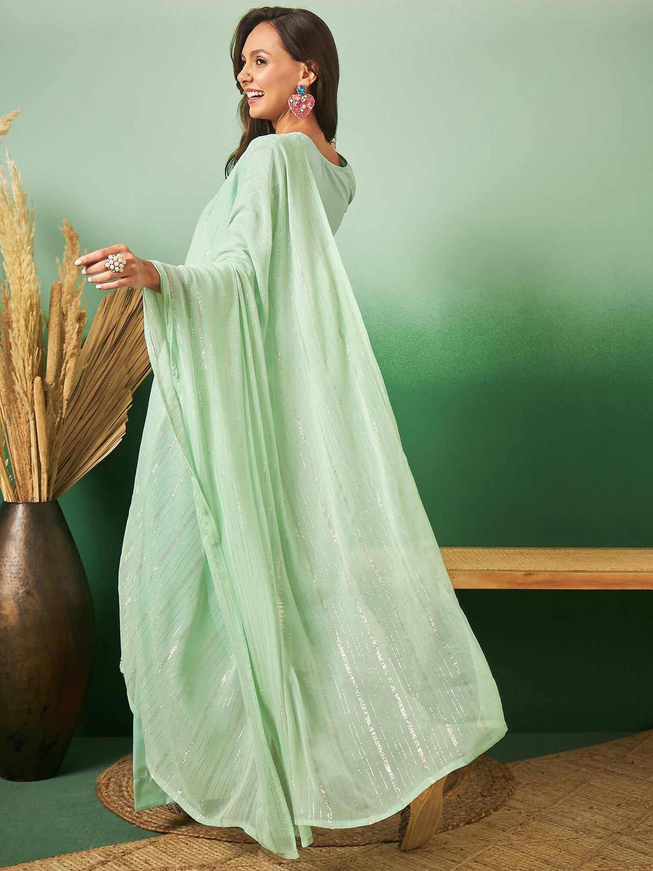 Sea Green Georgette Handwork Unstitched Dress Material - Hanika - Distacart