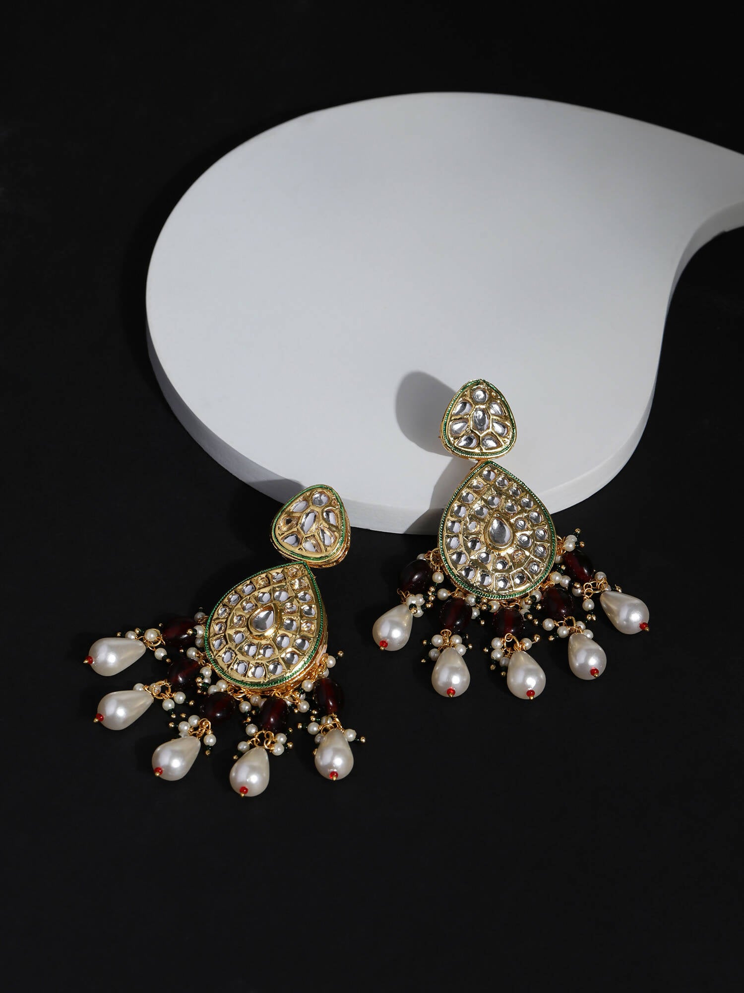 Gold-Toned White Kundan Contemporary Gold-Plated Jhumkas Earrings - Ruby Raang - Distacart