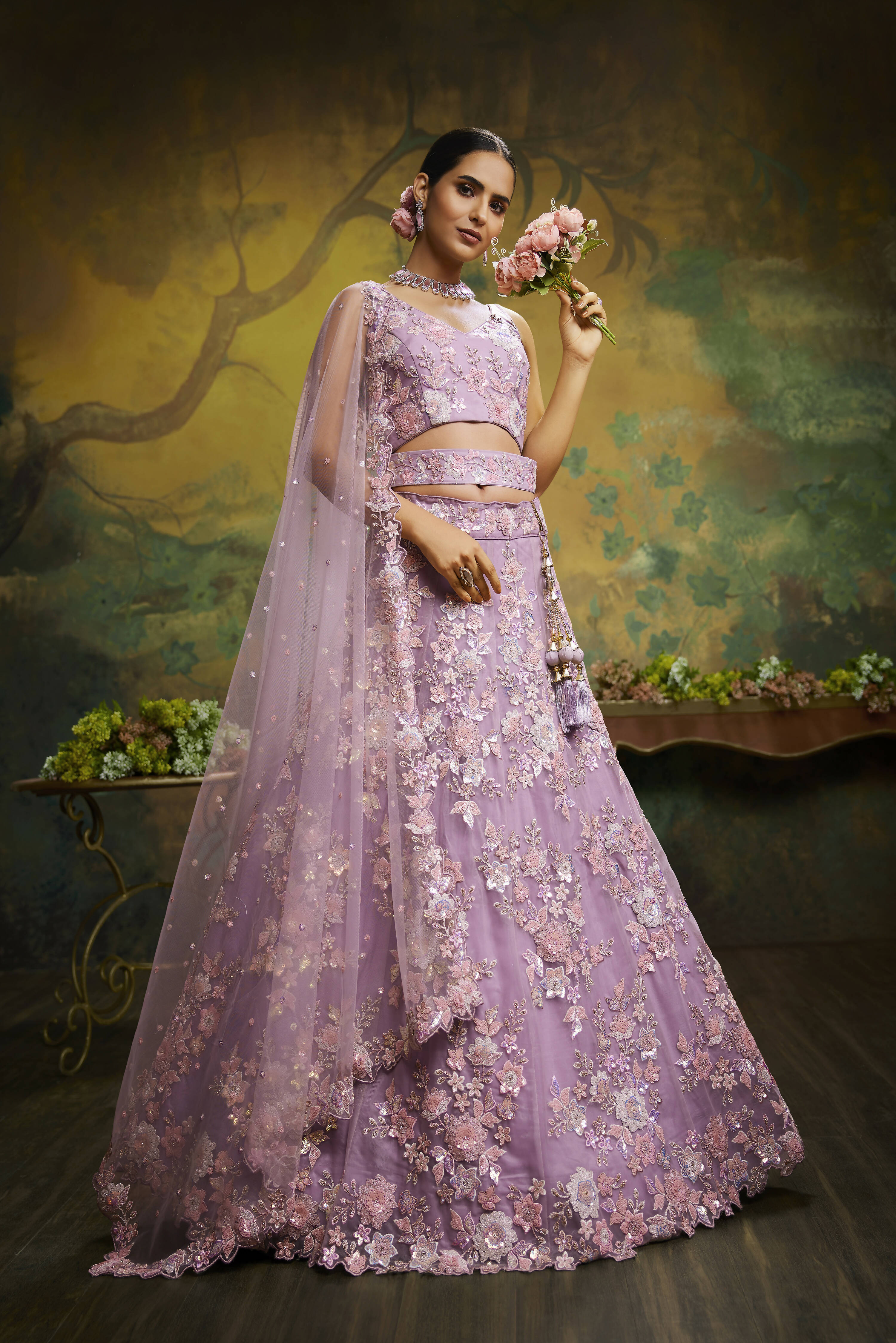 House of Panchhi Mauve Net Sequins with heavy Zarkan embroidery Lehenga choli & Dupatta - Distacart