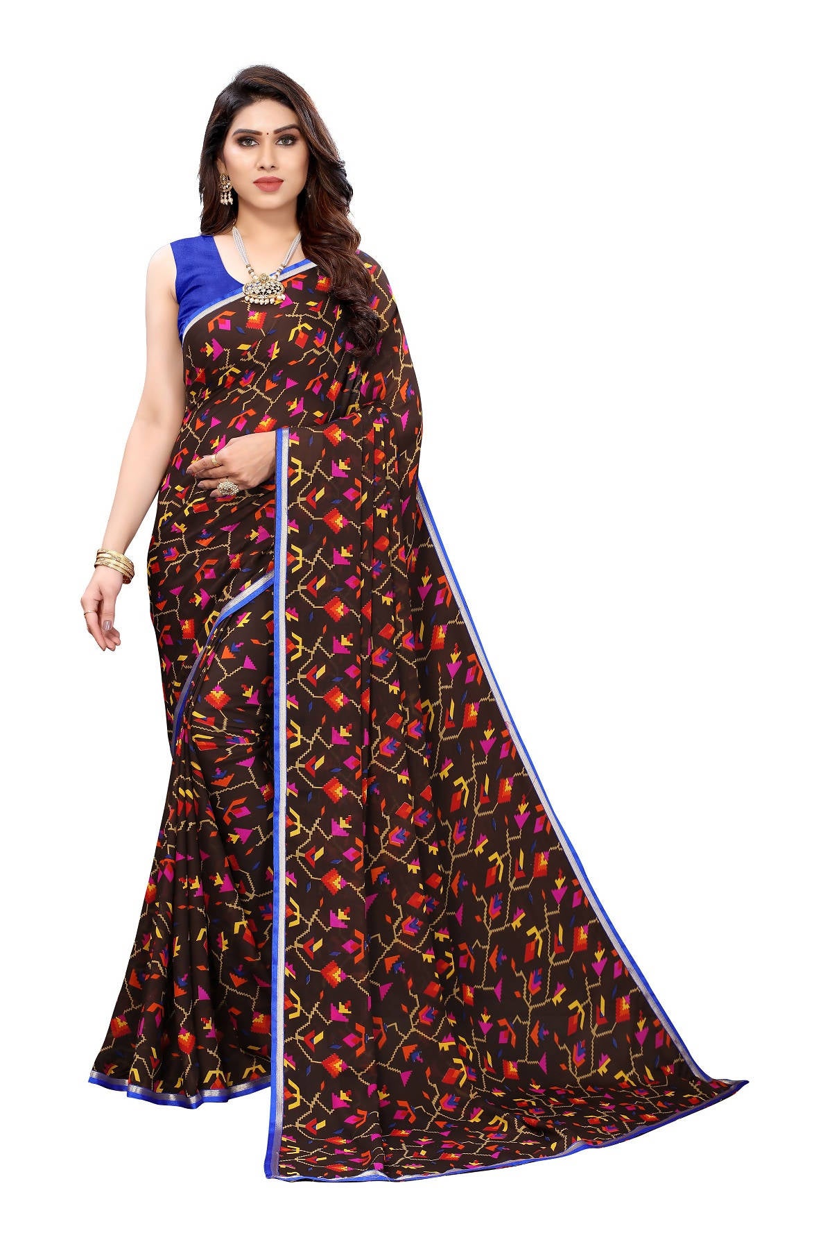 Vamika Beautiful Ethnic Fire Brown Printed With Lace Saree - Distacart