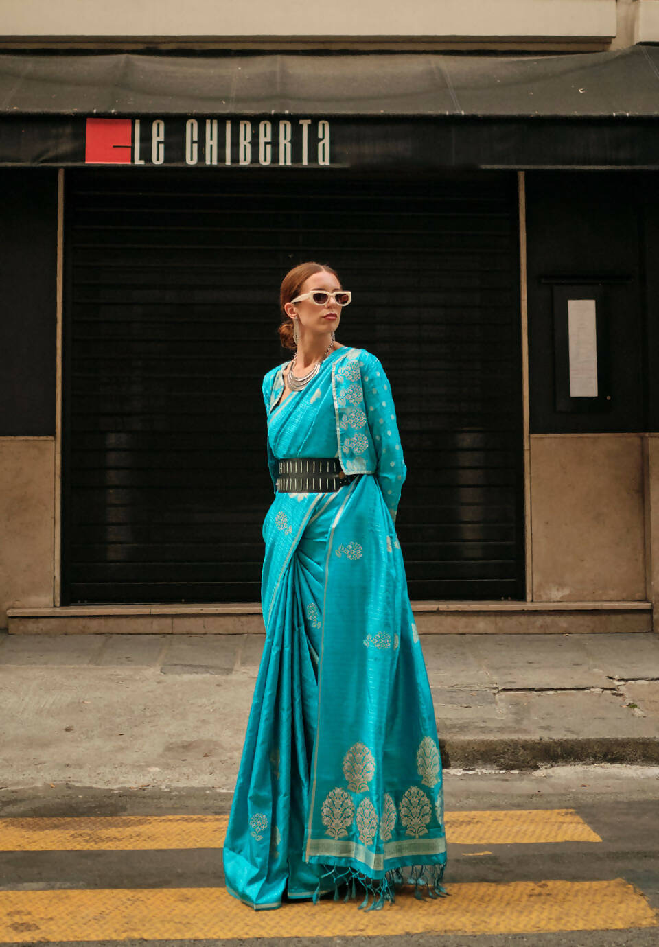 Firozi Blue Weavead Thread & Zari Work, Handloom Weaving Banarasi Satin Silk Saree - Rajtex Kronicle Silk - Distacart