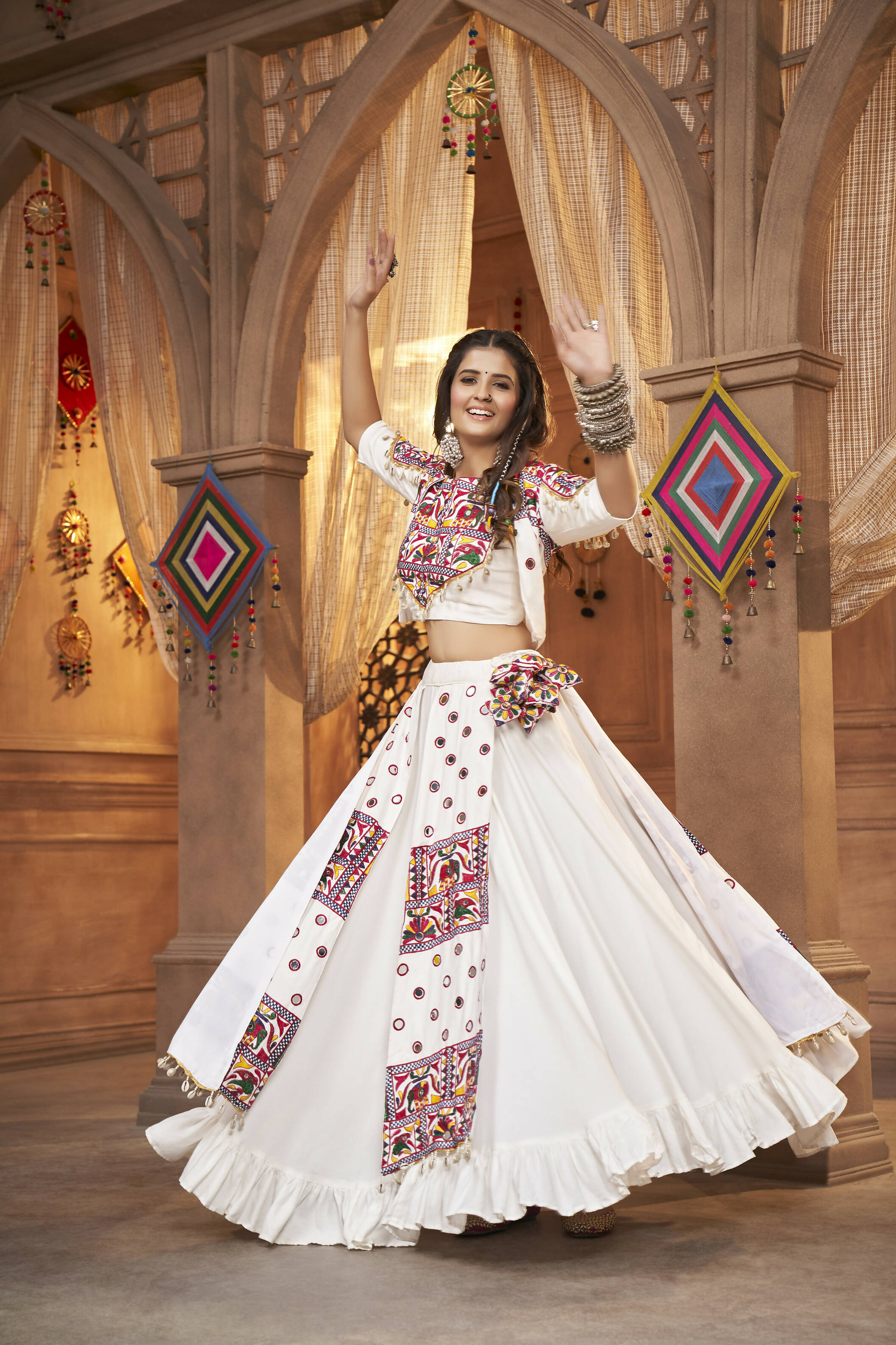 White Viscose Rayon Thread Embroidered Work With Mirror All Over Navratri Lehenga Choli With Dupatta - Raas - Distacart