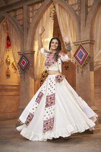 Thumbnail for White Viscose Rayon Thread Embroidered Work With Mirror All Over Navratri Lehenga Choli With Dupatta - Raas - Distacart