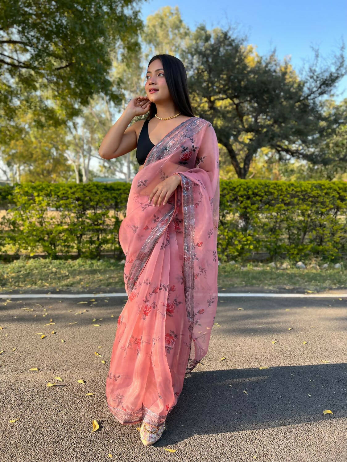 Vamsee Peach Organza Saree - Distacart