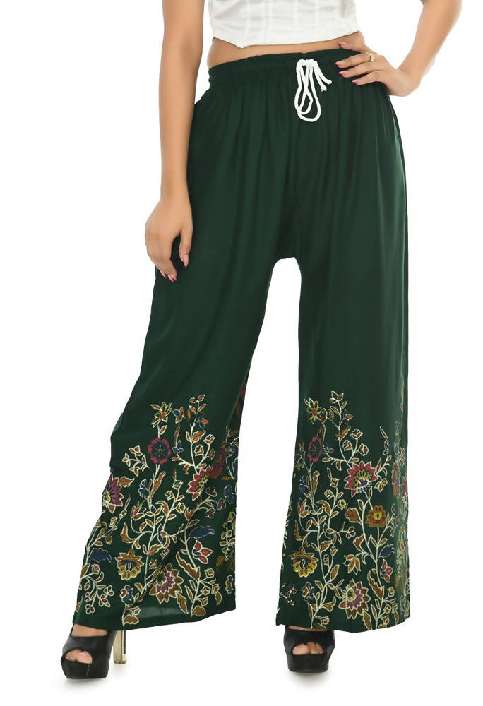 Mominos Fashion Moeza Reyon Cotton Bottle Green Floral Palazzo