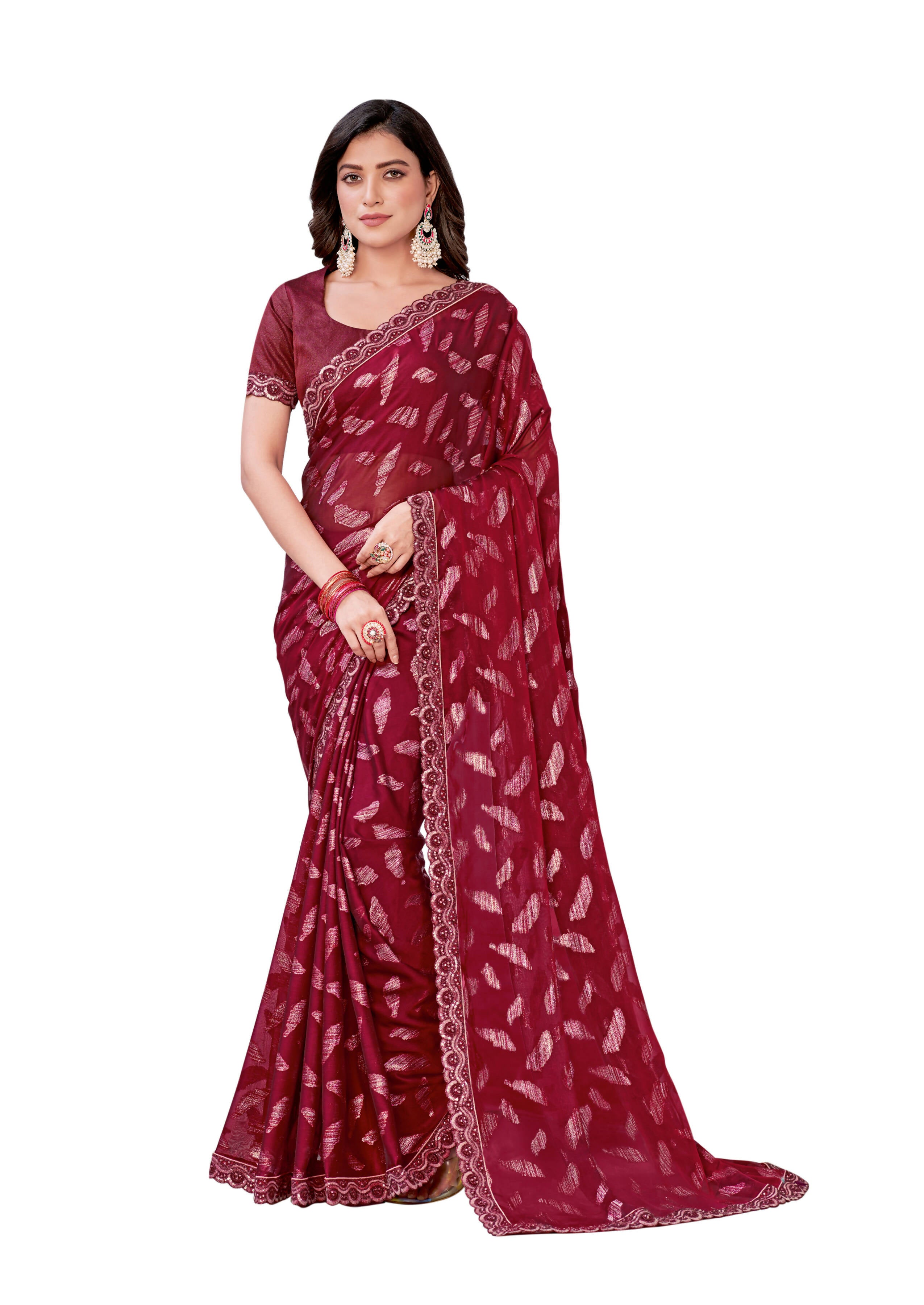 Red Georgette Zari Jacquard Embroidered Border With Sequence Work Saree With Unstitched Blouse Piece - Norita Zaina - Distacart