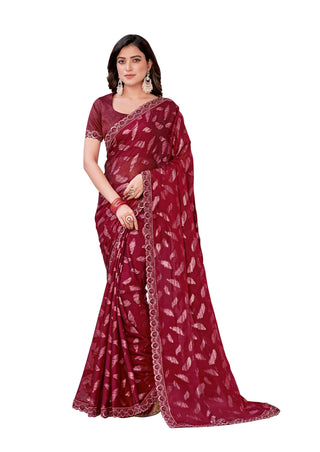 Red Georgette Zari Jacquard Embroidered Border With Sequence Work Saree With Unstitched Blouse Piece - Norita Zaina - Distacart