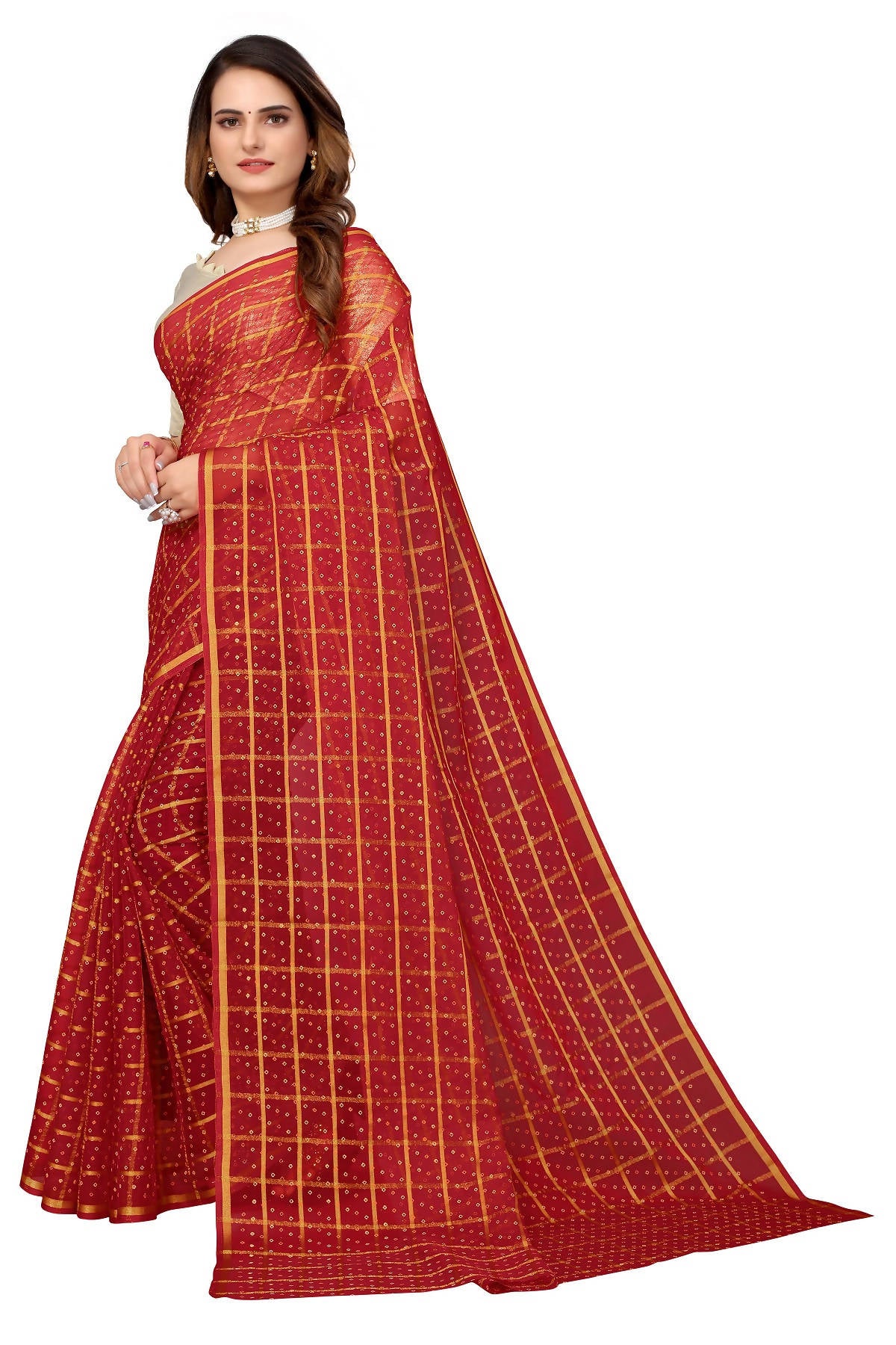 Vamika Ethnic Fire Red Jari Work Chiffon Saree - Distacart