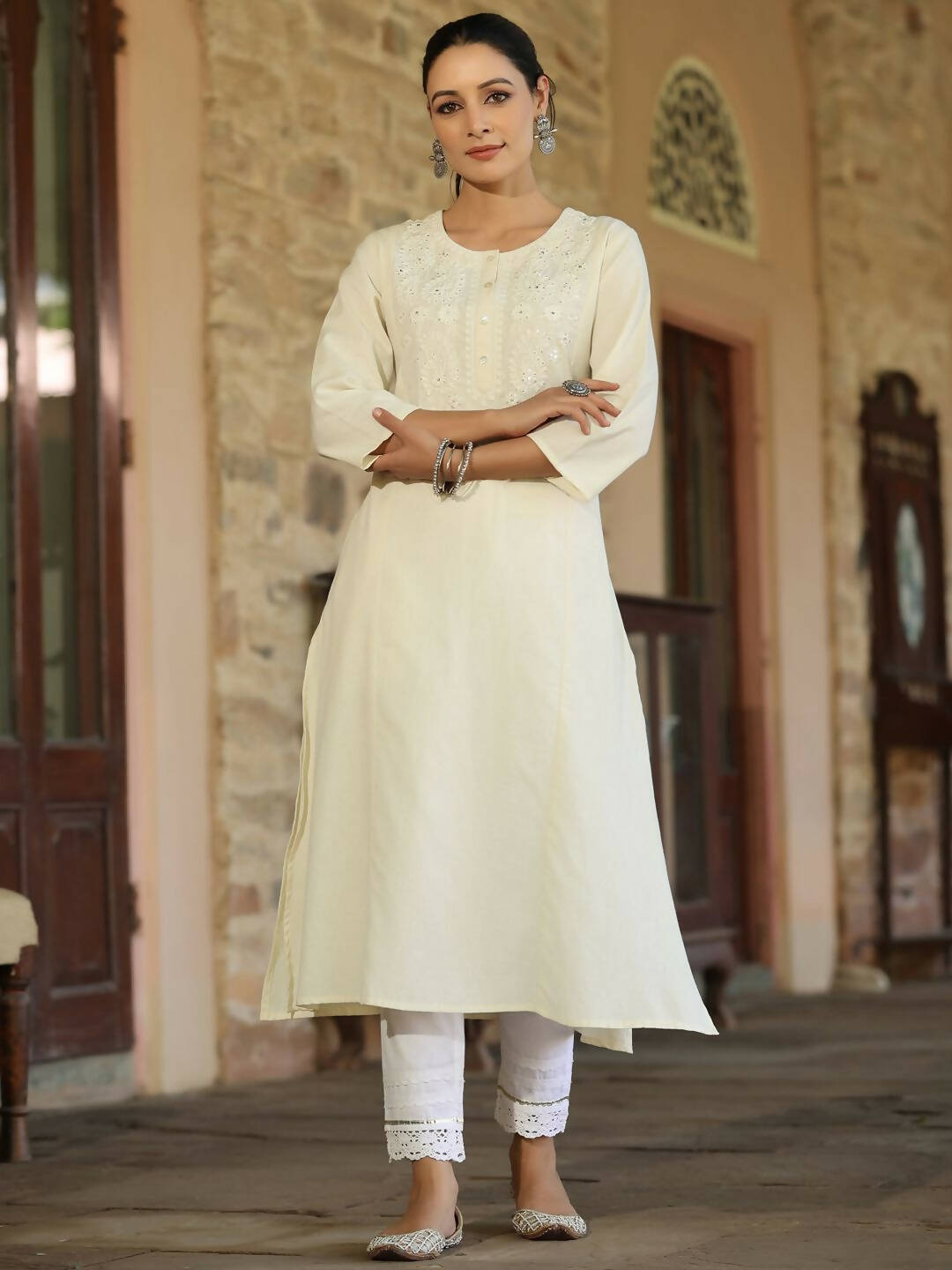 Juniper Women's Offwhite Cotton Flex Embroidered Straight Kurta - Distacart
