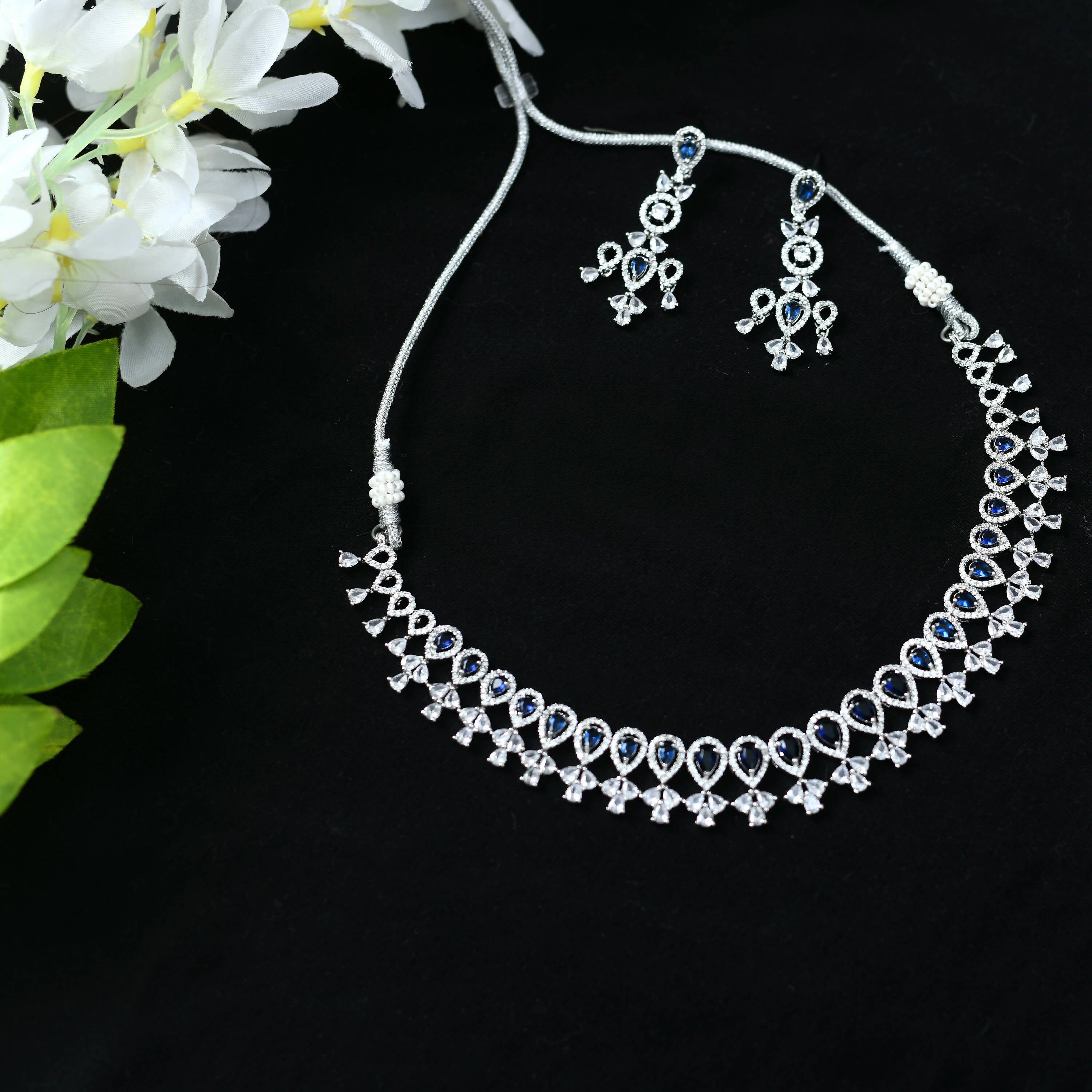 Mominos Fashion Johar Kamal Silver-Plated American Diamond Silver Blue Choker Set - Distacart