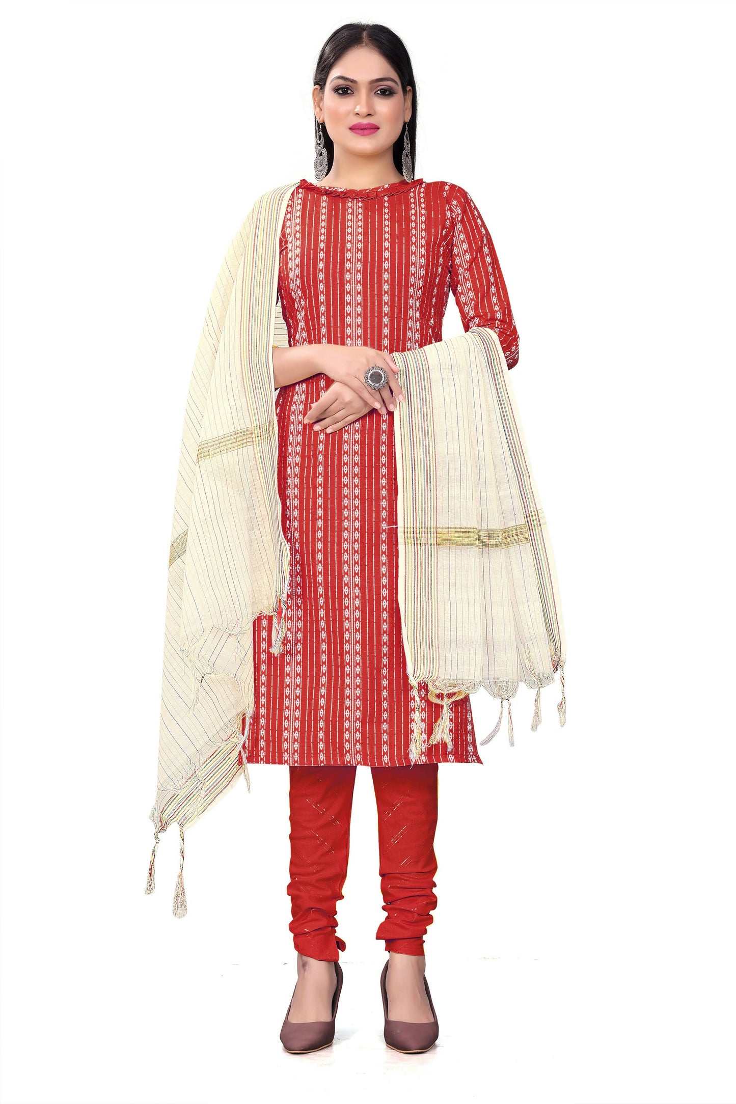 Red Cotton Jacquard Woven Unstitched Dress Material - Amara - Distacart