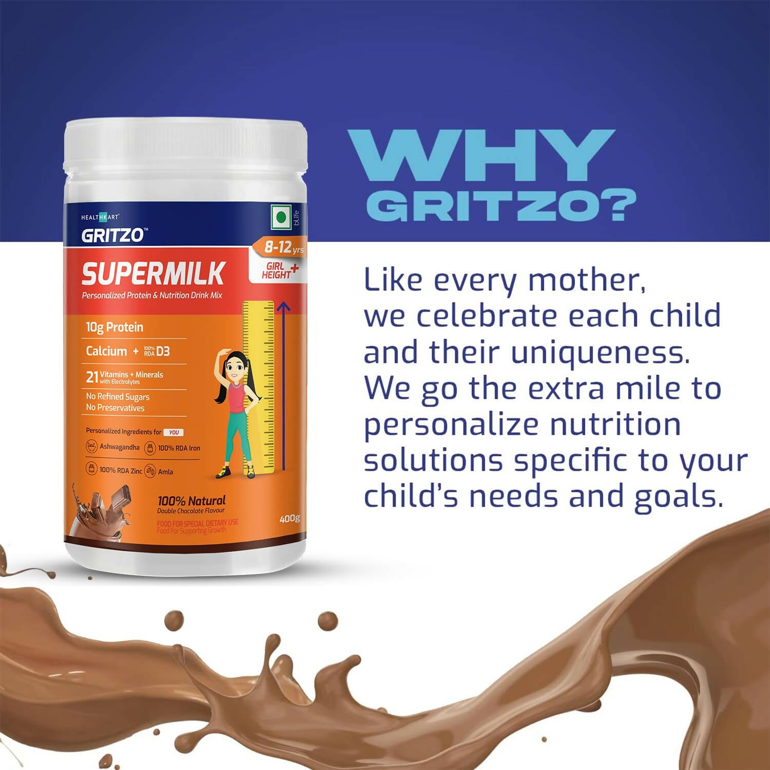 Gritzo SuperMilk Height+ Health Drink for 8-12y Girls - Double Chocolate Flavor - Distacart