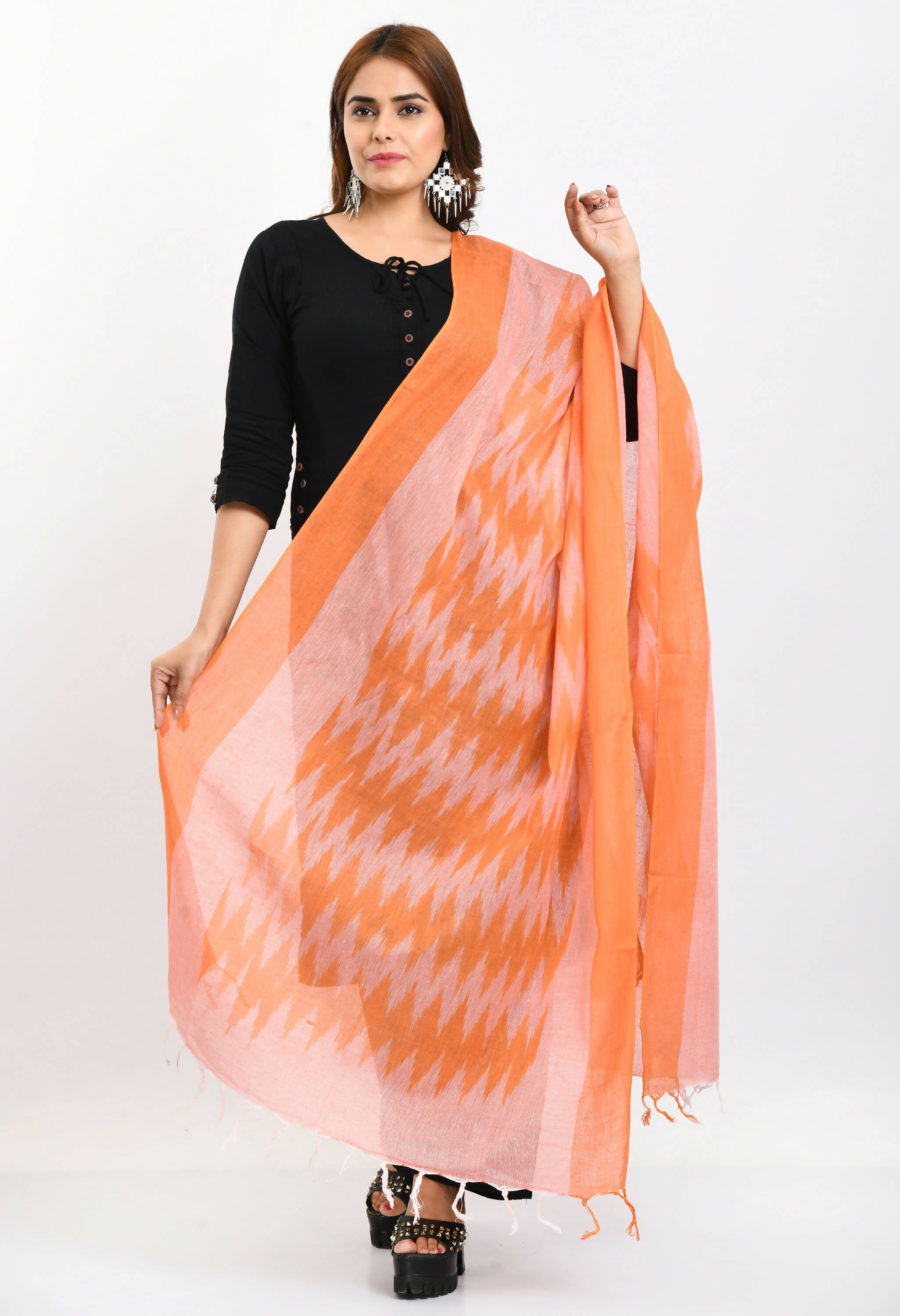 Mominos Fashion Moeza Women's Handloom Cotton Ikkat Orange Dupatta - Distacart