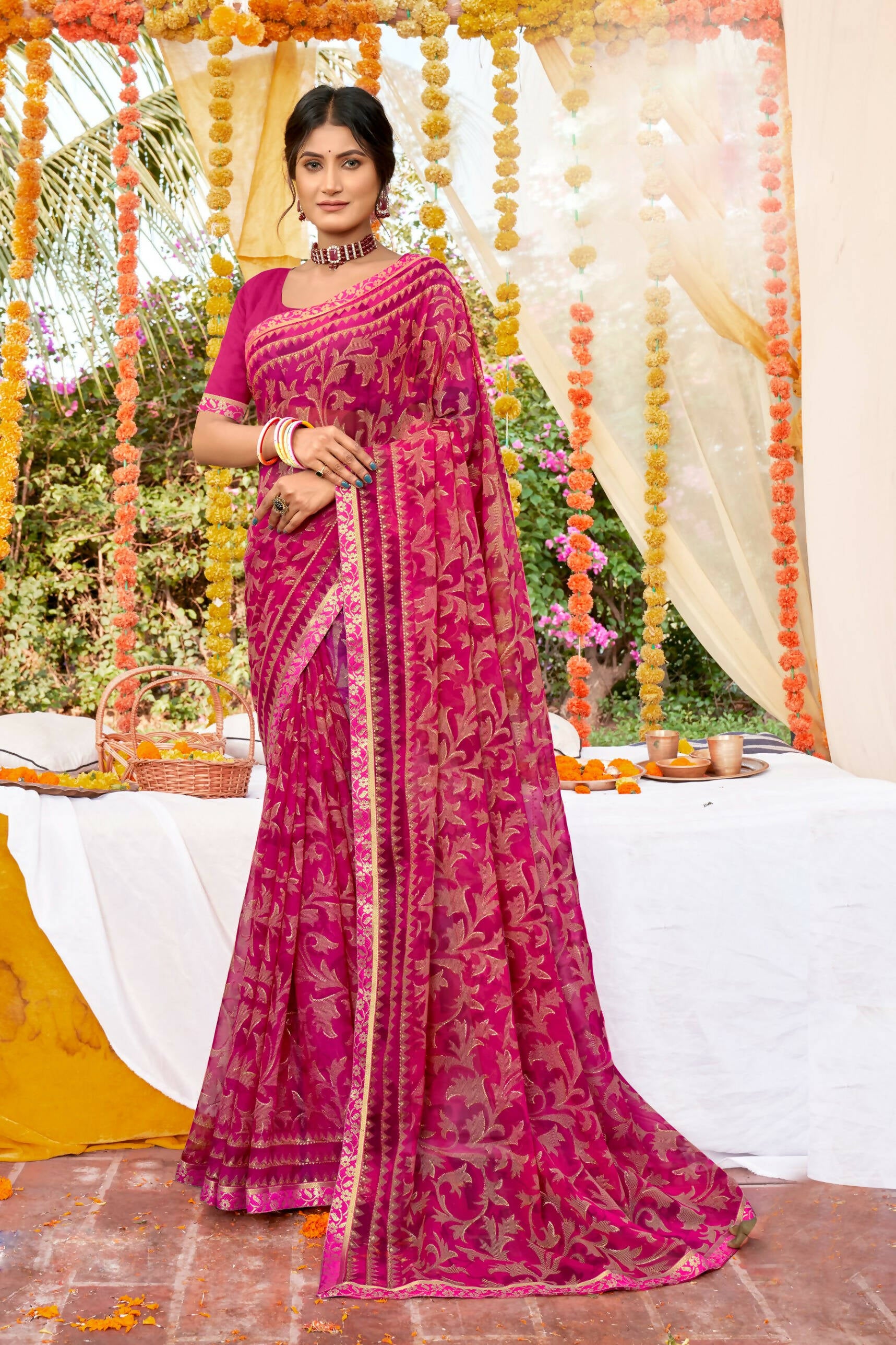 Pink Georgette Foil Printed Saree with Unstitched Blouse piece - Avika - Distacart