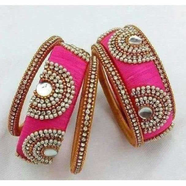 Pink Color Silk Threaded Bangle Set - Distacart