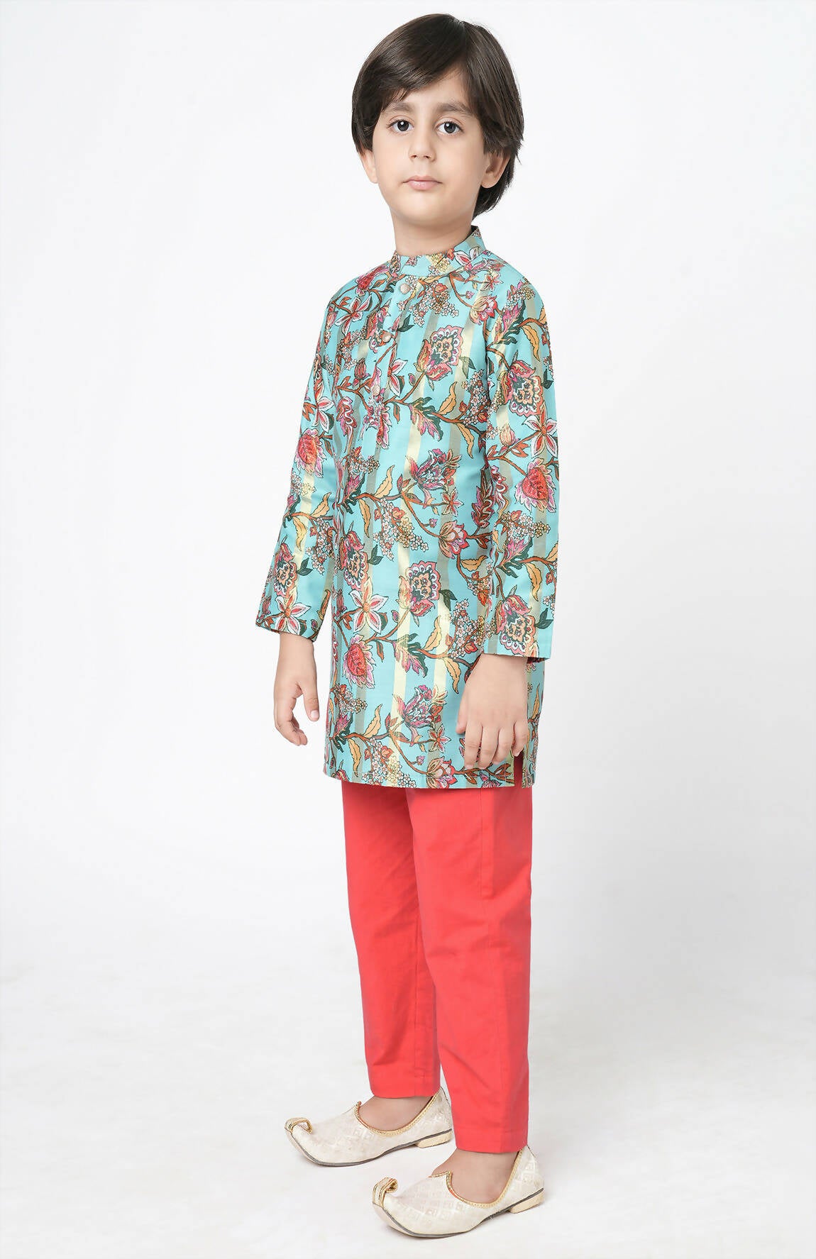 Lil Drama Golden Weaves Blue Kurta With Pant Set - Distacart