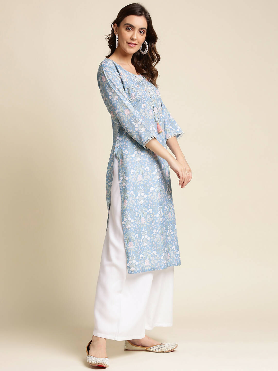 Blue Linen Floral Printed Straight Fit Kurta - Prasuti - Distacart