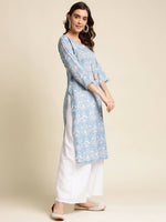 Thumbnail for Blue Linen Floral Printed Straight Fit Kurta - Prasuti - Distacart
