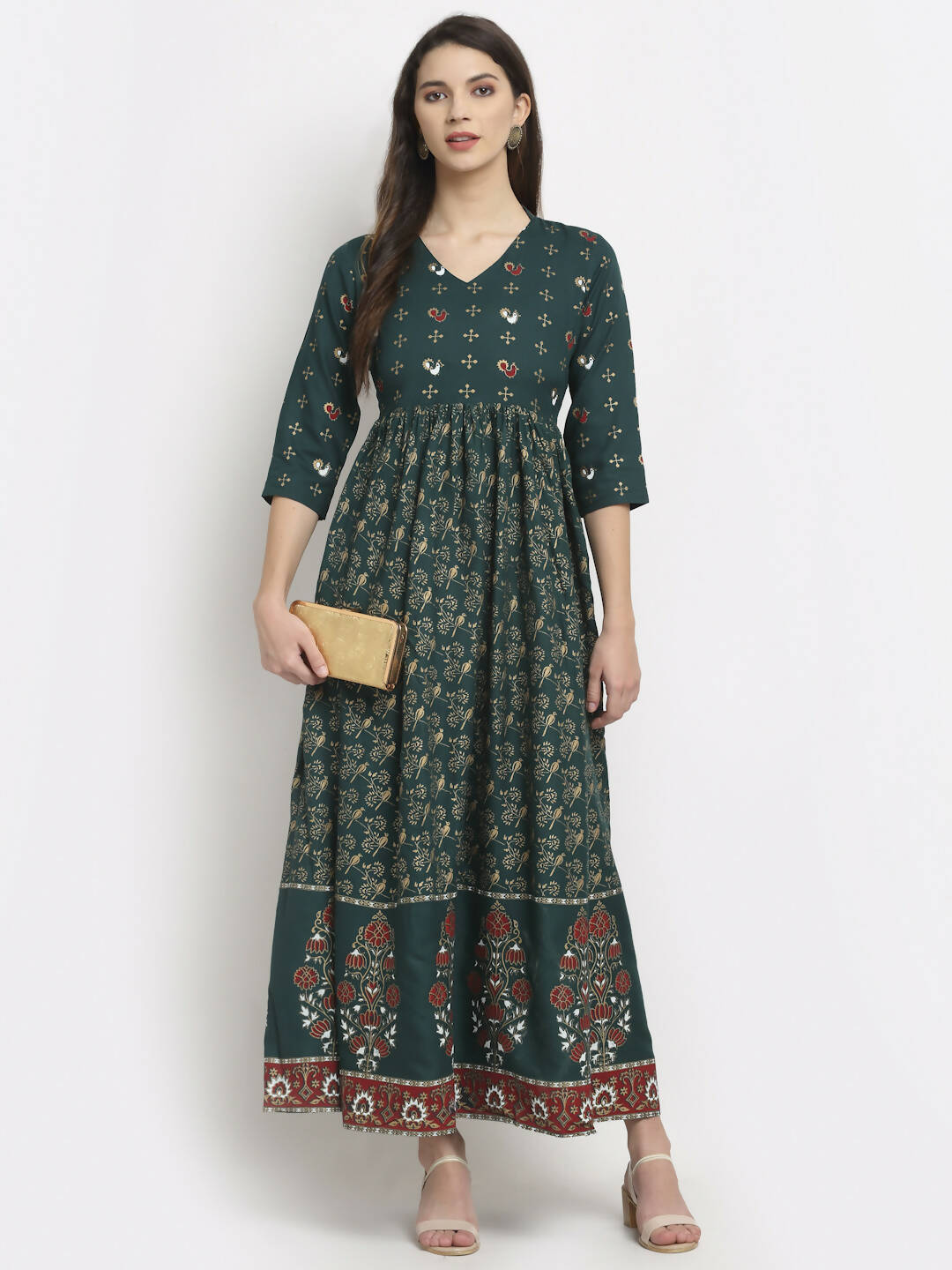 Rudra Bazaar Floral Printed A-Line Flared Green Kurti - Distacart