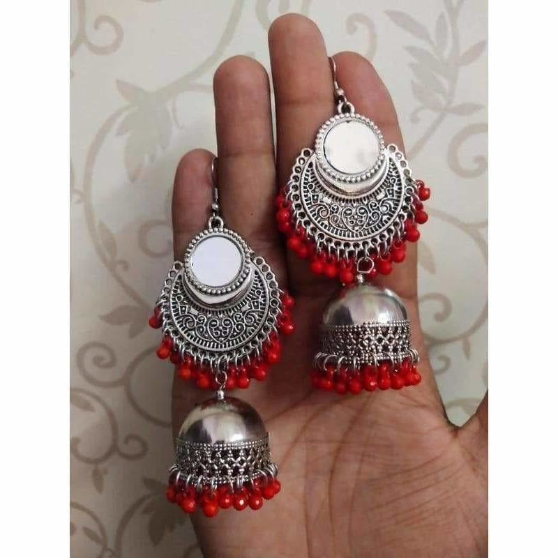 Designer Red Color Pearls Mirror Tassel Silver Jhumka Earrings