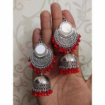 Thumbnail for Designer Red Color Pearls Mirror Tassel Silver Jhumka Earrings
