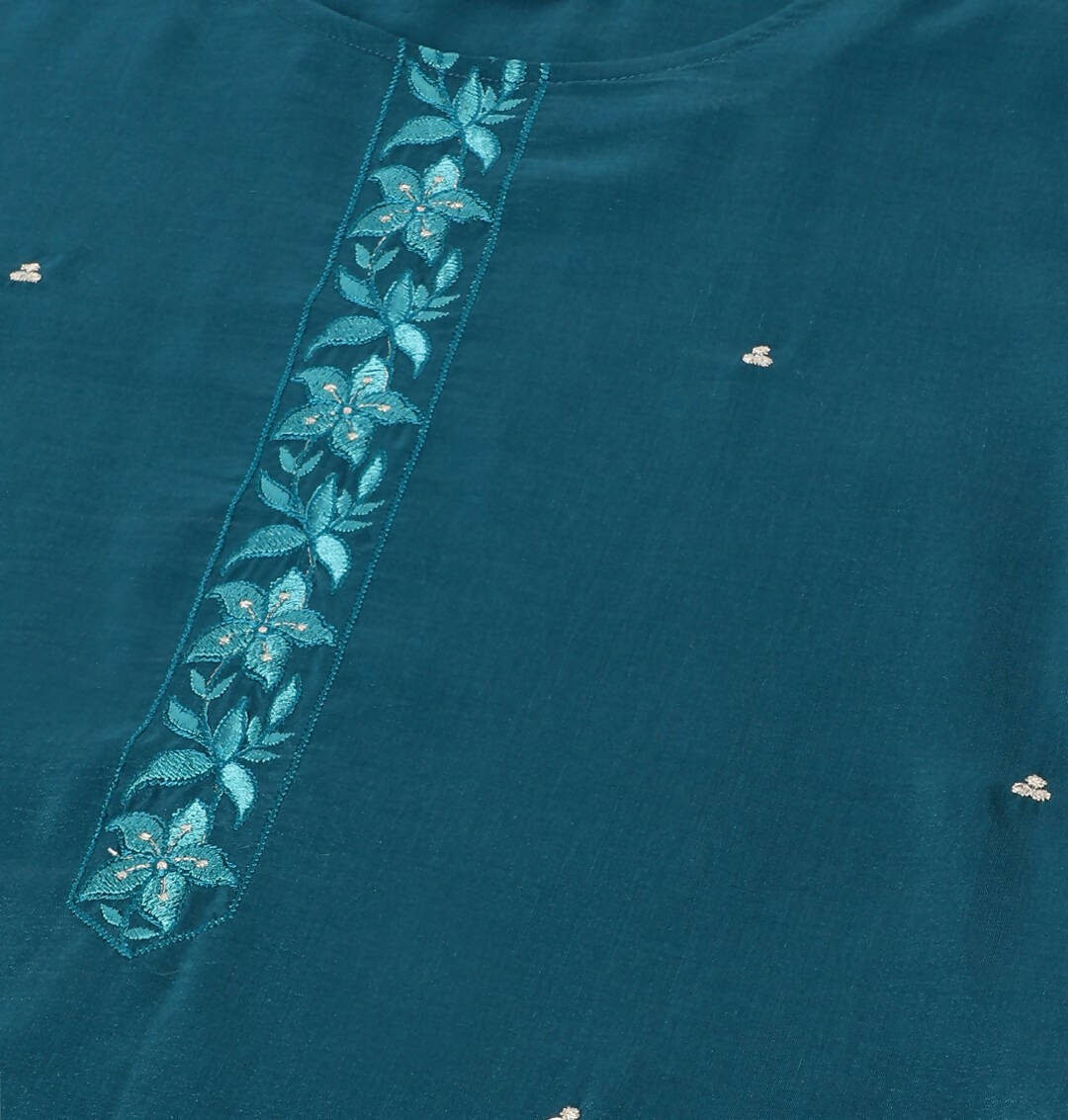 Teal Chinon Silk Embroidered Straight Kurta with Trouser & Dupatta - Salimar - Distacart