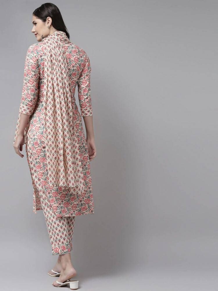 Yufta Pink Ethnic Motifs Printed Regular Pure Cotton Kurta with Trouser & Dupatta