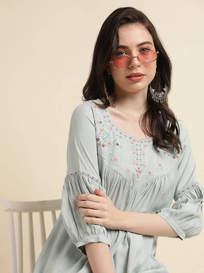 Light Blue Poly Cotton Yoke Embroidered A-line Top - Tarini - Distacart