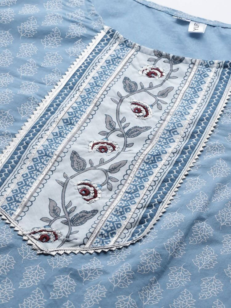 Yufta Women Blue and white printed kurta with Palazzo and Dupatta Set