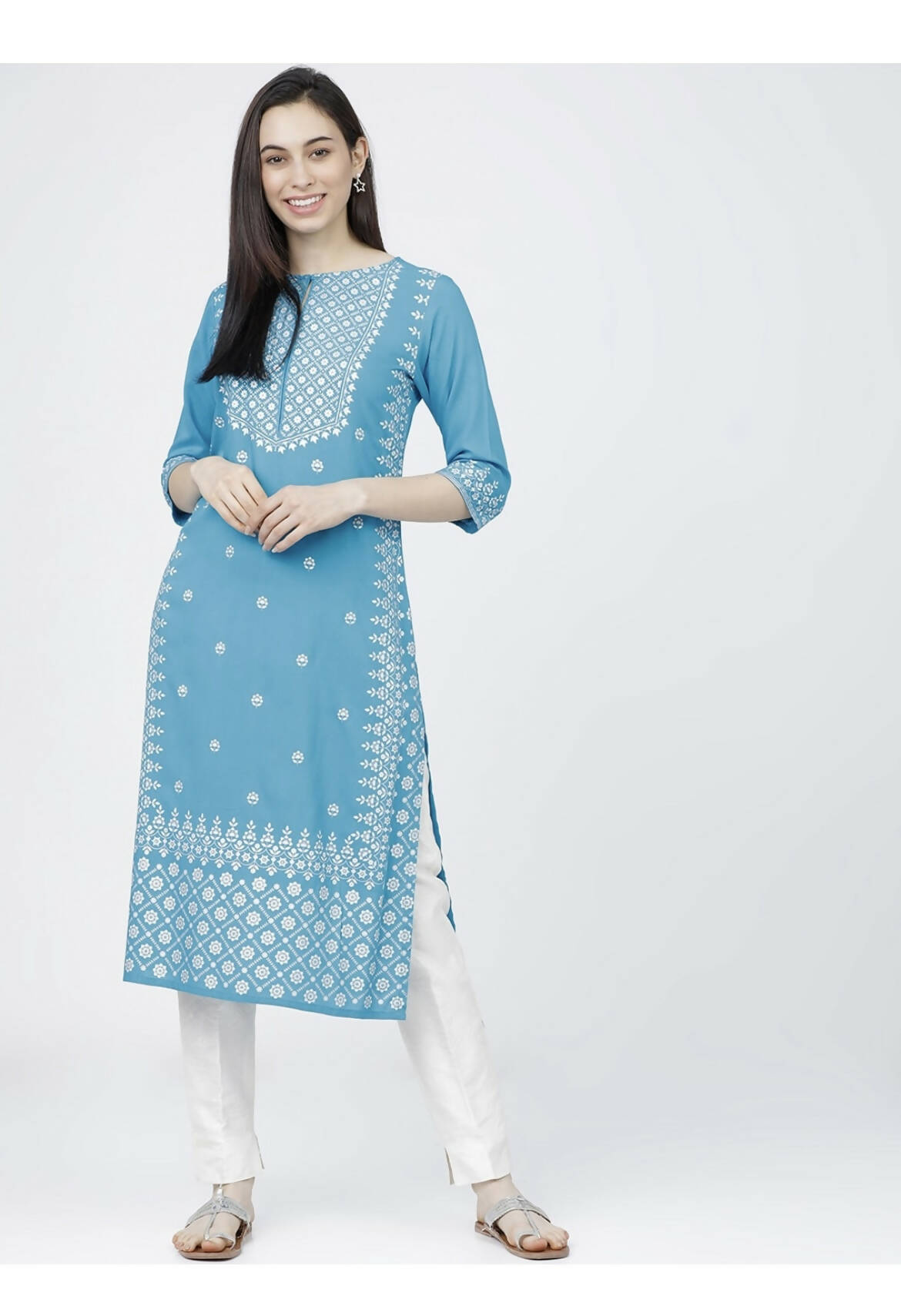 Cheera Embellished Daily Wear Cotton Blend Kurta - Sky Blue - Distacart