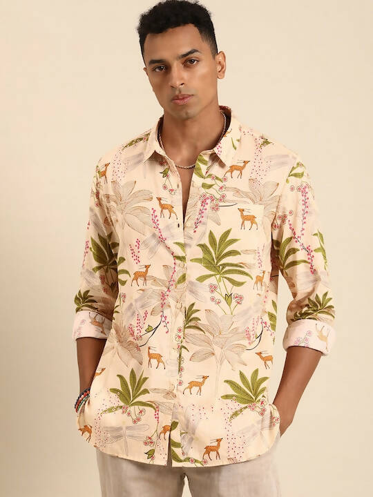 Beige Men Pure Cotton Relaxed Opaque Printed Casual Resort Shirt - Mahotsav - Distacart