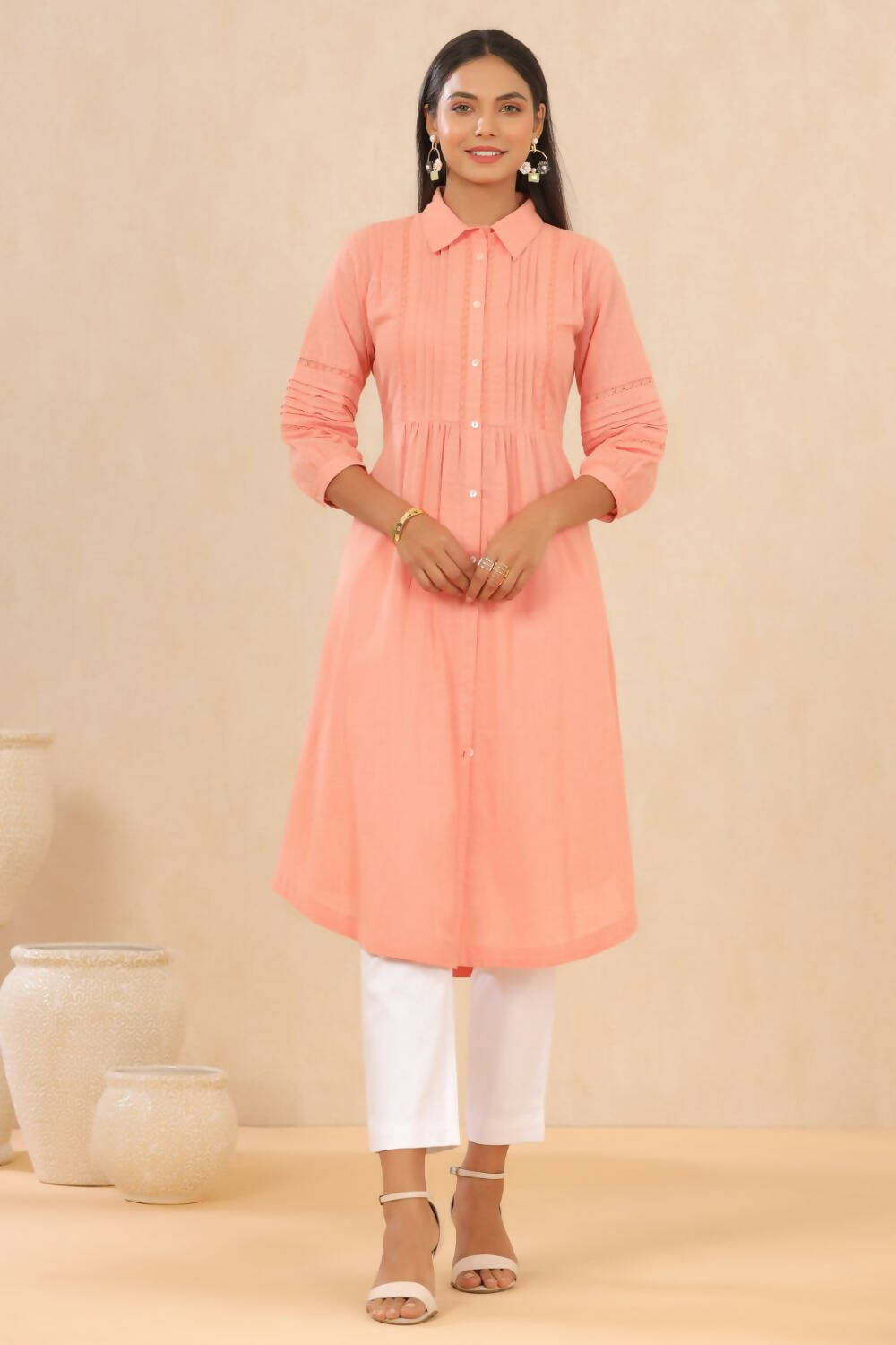 Juniper Womens Blush Pink Cotton Slub Solid Mid Length Shirt Dress With Lace Detailing - Distacart