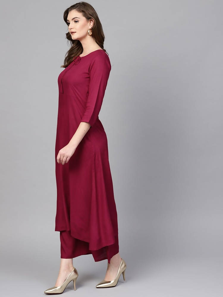 Yufta Women Burgundy Solid Kurta with Palazzo & Dupatta