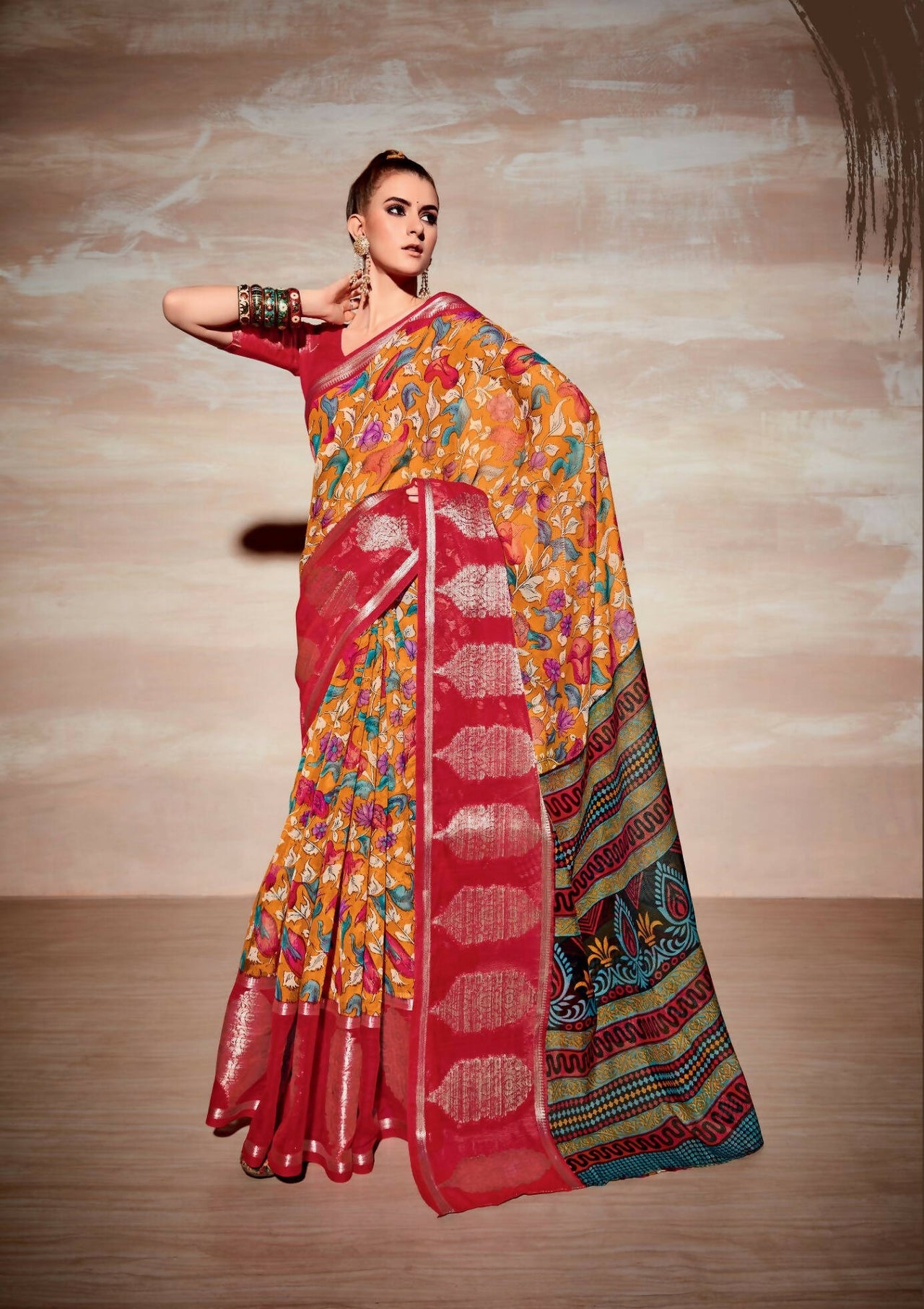 Orange Cotton Floral Printed Saree With Unstitched Blouse Piece - Kathika - Distacart