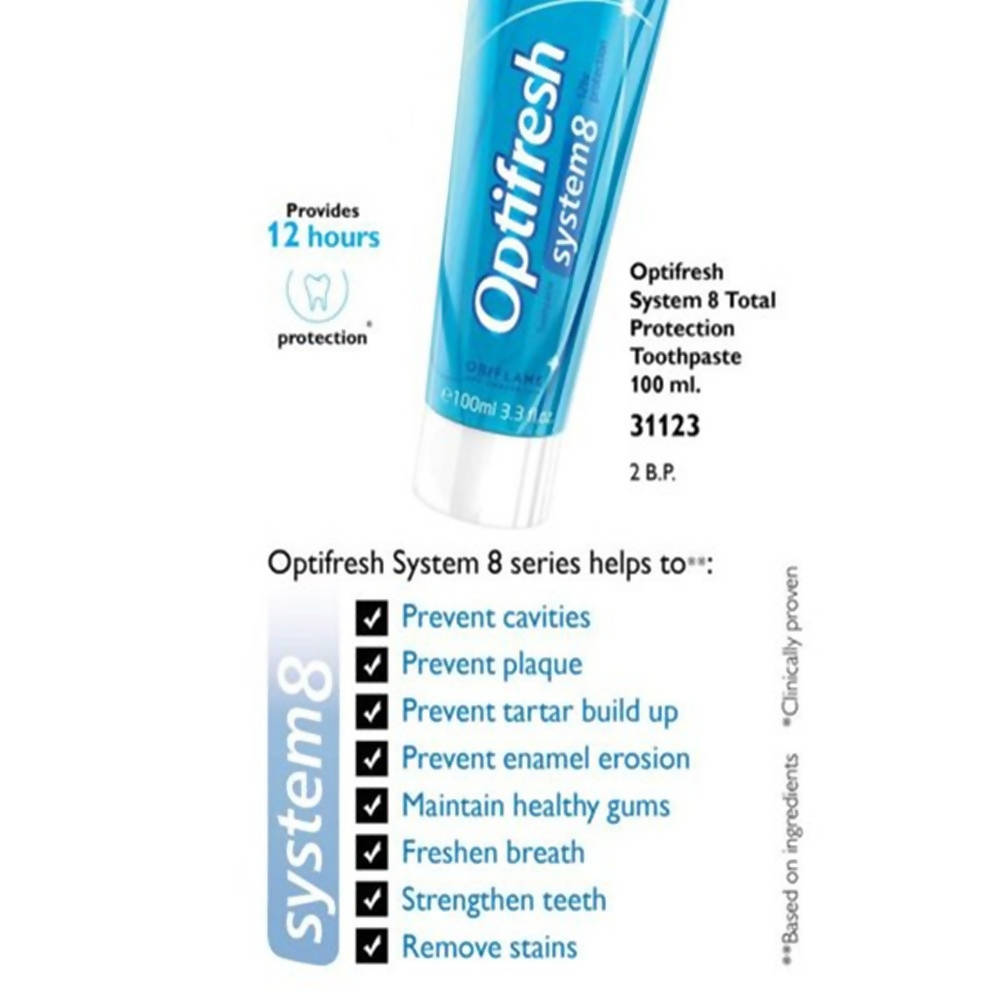 Oriflame Optifresh System 8 Total Protection Toothpaste provides 12 hours