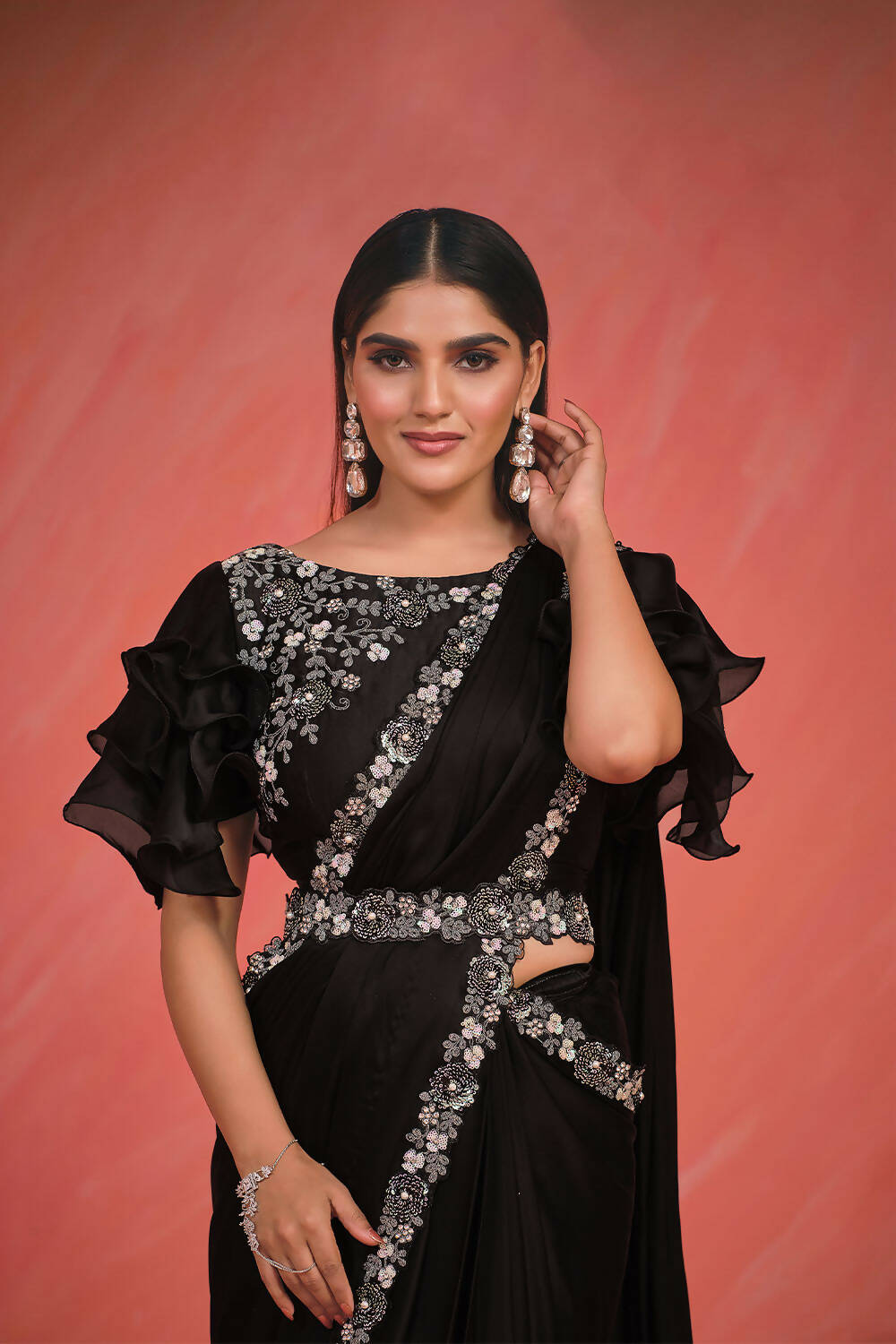 Black Crepe Silk Satin Cord & Sequence Embroidery with Stone & Moti Work Saree With Stitched Blouse - Mohmanthan Elegancia - Distacart