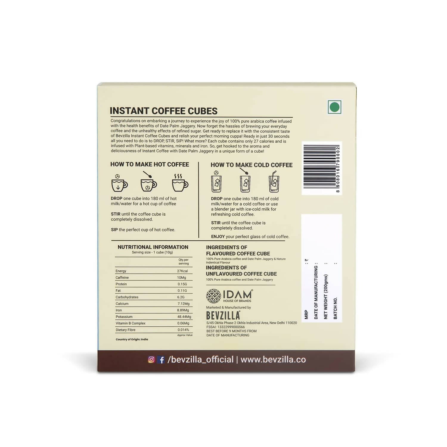 Bevzilla Instant Coffee Cubes Pack with Organic Date Palm Jaggery - Creamy Vanilla - Distacart