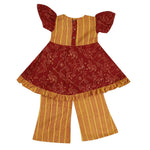 Thumbnail for Mhyssa Aruba V- neck Puff Sleeves Red and Yellow Kurta With Full Length Pant Set For Kids - Distacart