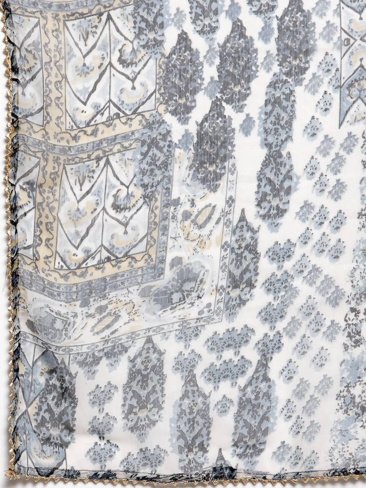 Myshka Women's Grey Cotton Solid 3/4 Sleeve V Neck Casual Kurta Palazzo Dupatta Set