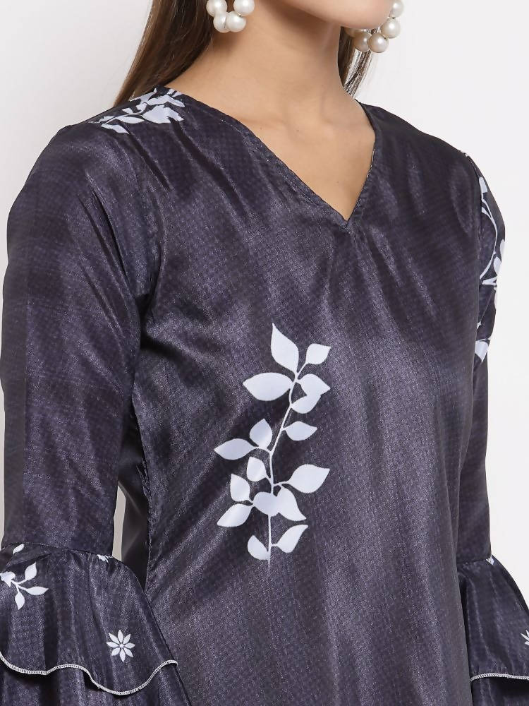 Myshka Women's Black Crep Printed Full Sleeve V Neck Casual Tunic